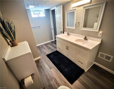 Bathroom with dark hardwood flooring, double vanit