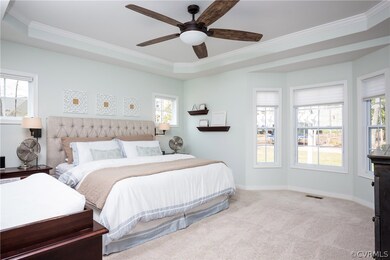 Master Bedroom with Tray Ceilings and Ba Windows