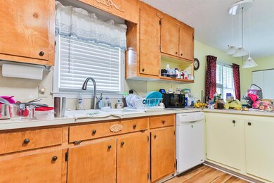Kitchen with white dishwasher, hanging light fixtu