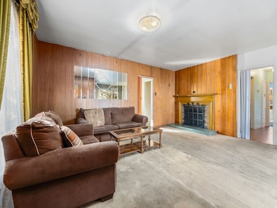 Carpeted living room featuring a fireplace with raised hearth and wooden walls