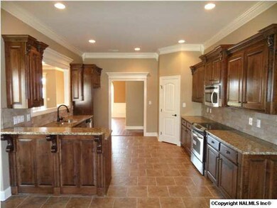 Kitchen has 10 foot ceilings, tile flooring, custom cabinets, stainless appliances, granite counter tops, tile back splash, recessed lighting, two large pantries.