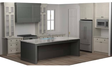 Kitchen featuring built in appliances, an island with sink, light wood-style flooring, white cabinetry, and light stone countertops