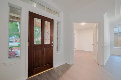 Bright entryway with double front doors and side g