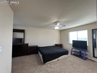 Carpeted bedroom featuring ceiling fan Primary Vie