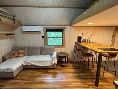 Living area featuring a wall unit AC, wood walls, wood ceiling, and wood finished floors