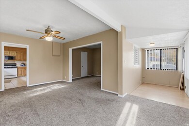 Empty room featuring light carpet and ceiling fan