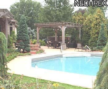 Swimming pool with landscaped patio with custom pe