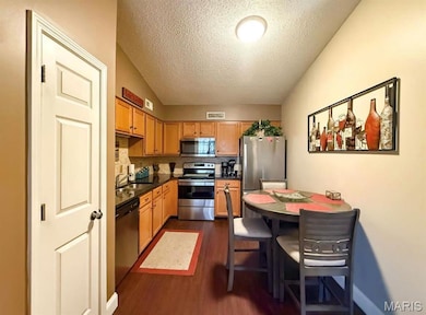 Kitchen featuring visible vents, dark wood-style flooring, appliances with stainless steel finishes, dark countertops, and a textured ceiling