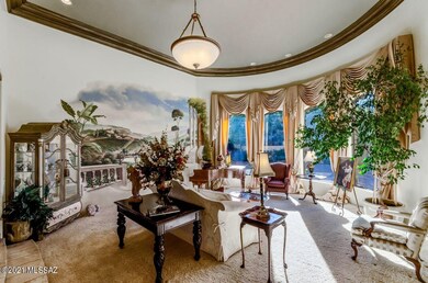 Formal living room with mural