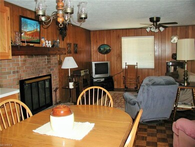 Living room that is high lighted by a fireplace.  