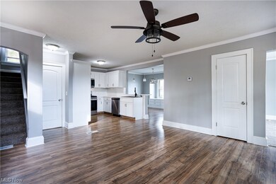 Unfurnished living room with ceiling fan, dark hardwood / wood-style flooring, sink, and crown molding