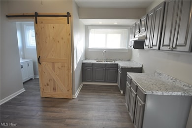 Remodeled and updated Kitchen with new Vinyl/LVT flooring, new light countertops, a barn door to bathroom, recessed lighting over sink, and under cabinet range hood