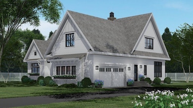 View of front facade with a chimney and a garage