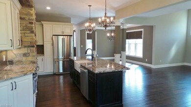 Granite Center Island has a Porcelain Farm Sink an