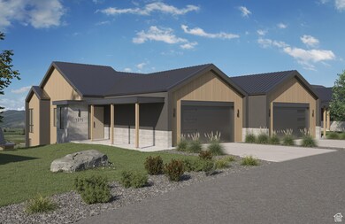 Modern inspired farmhouse featuring driveway, a garage, a metal roof, and a front yard