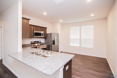 Kitchen featuring appliances with stainless steel finishes, a sink, dark wood-type flooring, baseboards, and recessed lighting