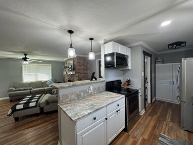 Kitchen featuring white cabinetry, ceiling fan, ha