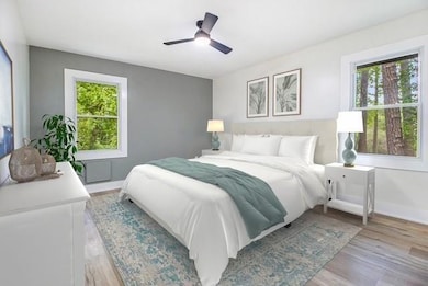 Bedroom featuring baseboards, multiple windows, a ceiling fan, and wood finished floors