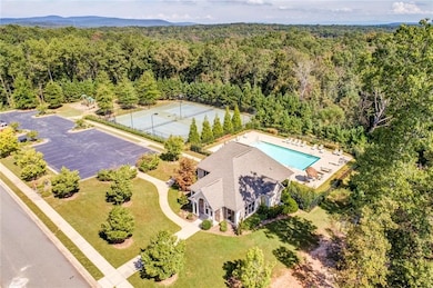 Aerial view of a forest and a pool area