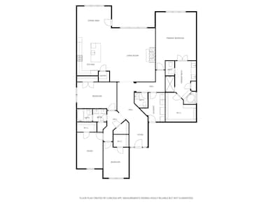 This floor plan offers four bedrooms, a primary suite with walk-in closet and private bath, open kitchen and living area, dining space, multiple bathrooms, laundry room, and foyer.