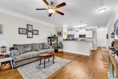 Living area featuring a ceiling fan, crown molding, light wood finished floors, and baseboards