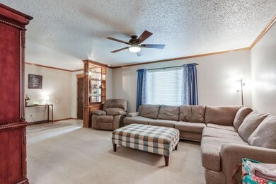 Living room featuring ceiling fan, light colored c