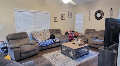 Living room featuring dark wood-type flooring and 