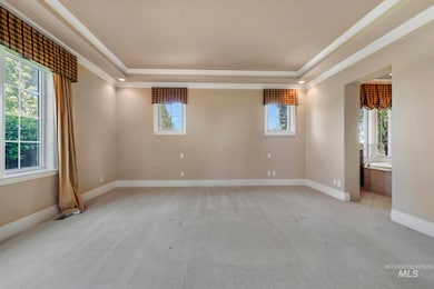 Unfurnished room with light colored carpet, ornamental molding, and a raised ceiling