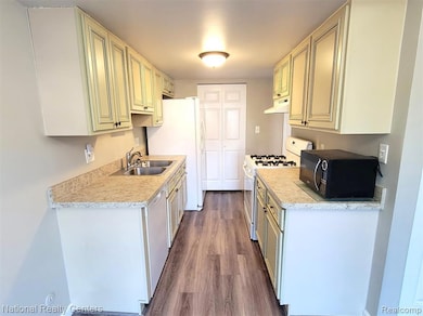 Kitchen with white appliances, light countertops, dark wood-style flooring, and under cabinet range hood