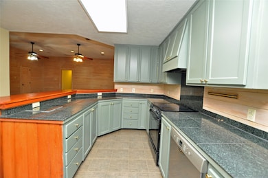 This kitchen features green cabinetry with ample s
