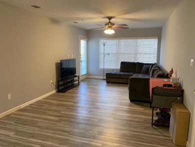 Living room featuring a ceiling fan, wood finishe
