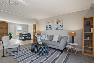 Carpeted living room with ornamental molding