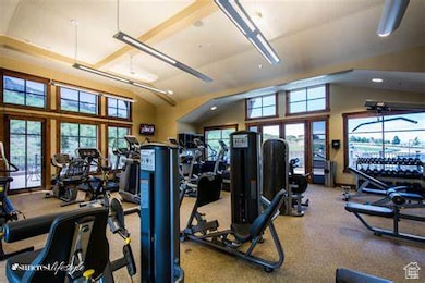 Exercise room with carpet and lofted ceiling