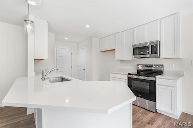 Kitchen featuring stainless steel appliances, white cabinetry, a peninsula, light wood finished floors, and recessed lighting