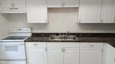 Kitchen with electric range, under cabinet range hood, and white cabinets