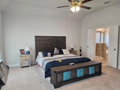 Carpeted bedroom with ceiling fan, vaulted ceiling