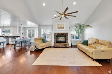 Great Room Open to Dining and Kitchen with wood burning fireplace