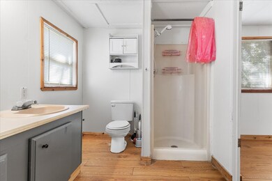 Bathroom with vanity, a stall shower, and light wood finished floors