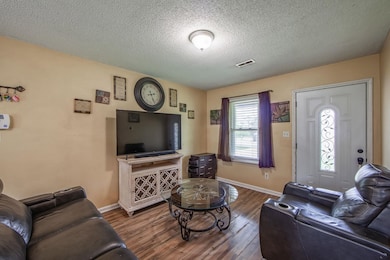 Living area with wood finished floors and a textured ceiling
