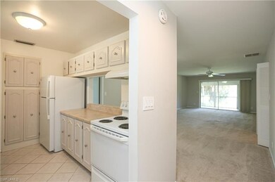 Kitchen with white cabinetry, light colored carpet