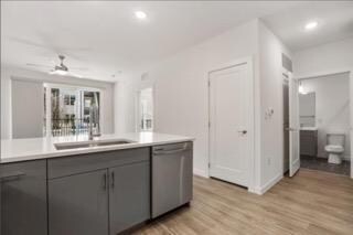 Kitchen with stainless steel dishwasher, gray cab