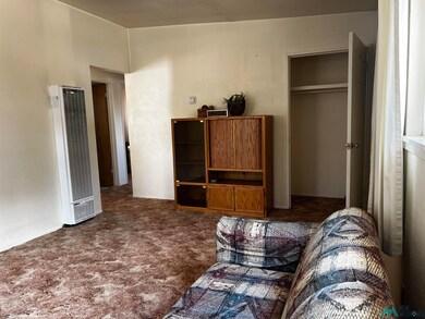 Carpeted living room with a heating unit and baseboards