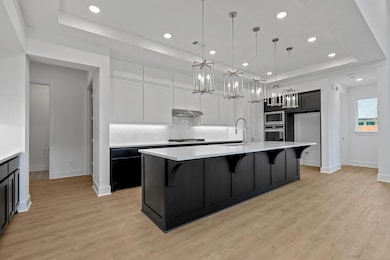 Kitchen featuring a tray ceiling, appliances with