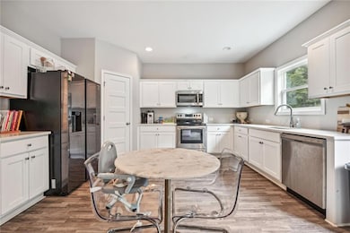 Kitchen with stainless steel appliances, white cab