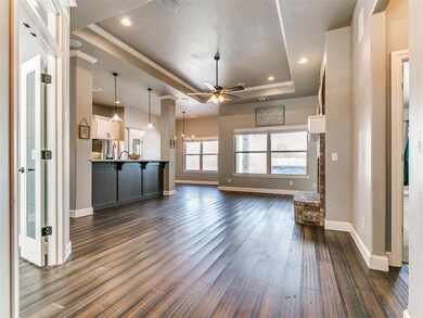 Living room featuring  a tray ceiling, ceiling fan
