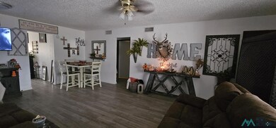 Living room featuring wood finished floors, a textured ceiling, and ceiling fan