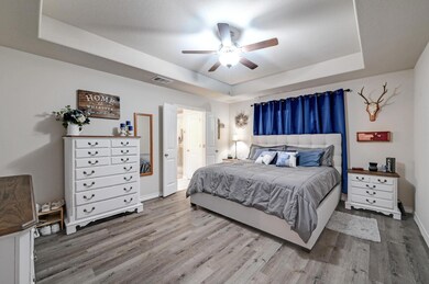 Bedroom featuring a raised ceiling, wood finished