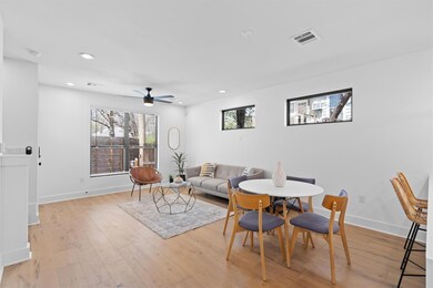 Dining space with recessed lighting, ceiling fan,