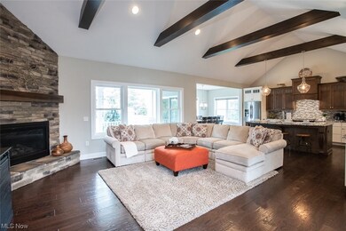 Living room with high vaulted ceiling, beamed ceiling, a stone fireplace, and dark hardwood / wood-style floors