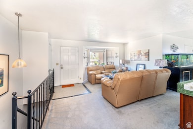 Living room featuring carpet floors and a textured ceiling
